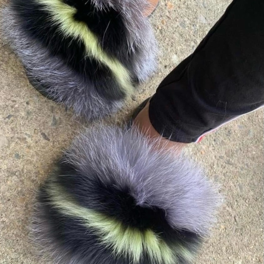 Stylish Black and Gray Real Fur Slides.